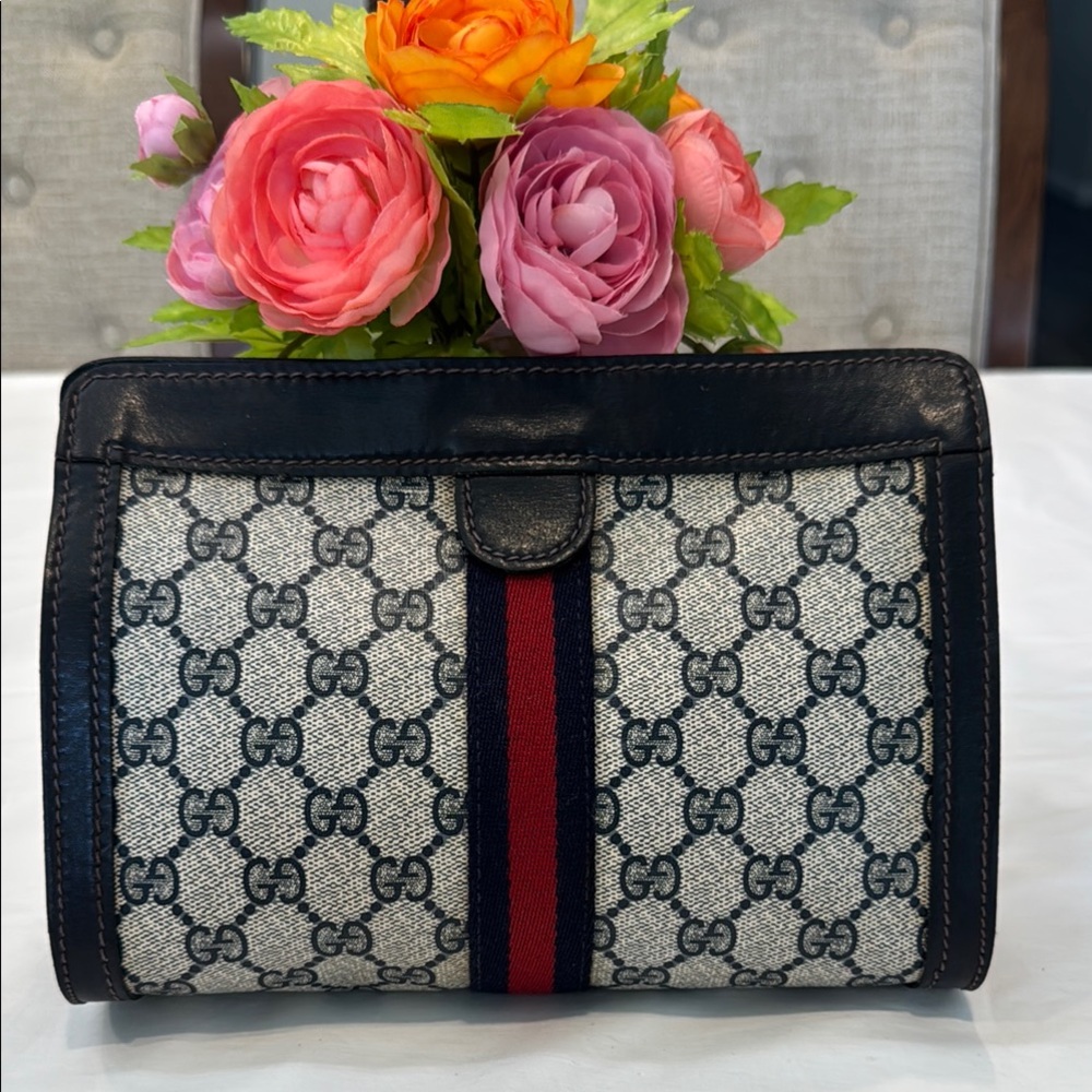 Gucci Beige/Blue Monogram Clutch with Navy and Red Stripe